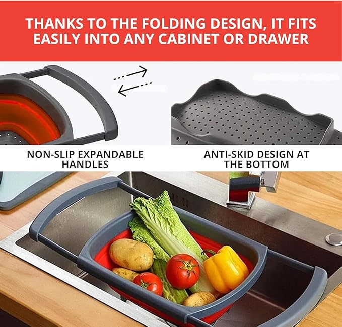 Set of 3 Red Silicone Plastic Kitchen Colanders – Folding Sizes Silicone Collapsible Colander Set Red Plastic Foldable Strainer for Pasta Vegetables Camping Kitchen