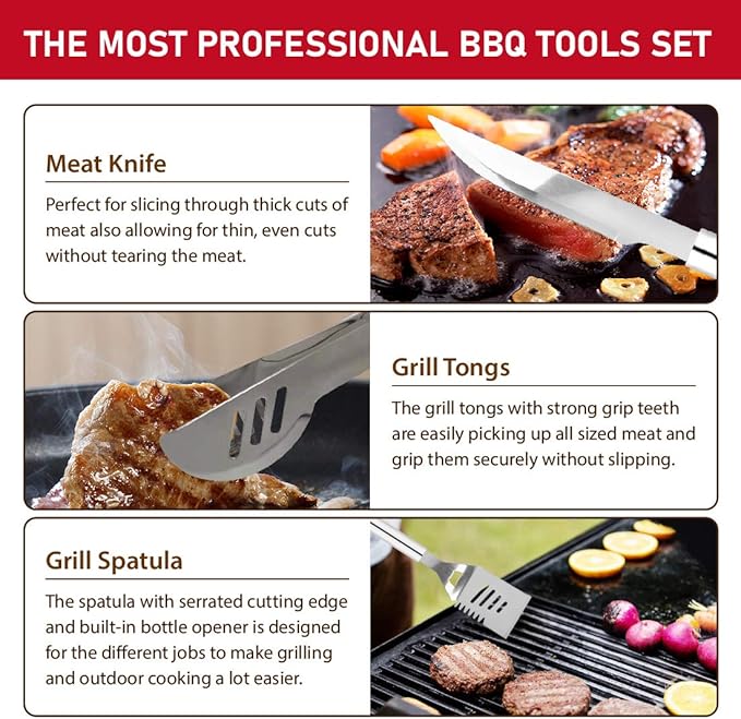 HUSSAR 34PCS BBQ Grill Tools Set Stainless Steel Grilling Accessories with Spatula, Tongs, Skewers for Barbecue, Camping, Kitchen, Complete Premium Grill Utensils Set in Storage Bag, Silver, (BTS-34)