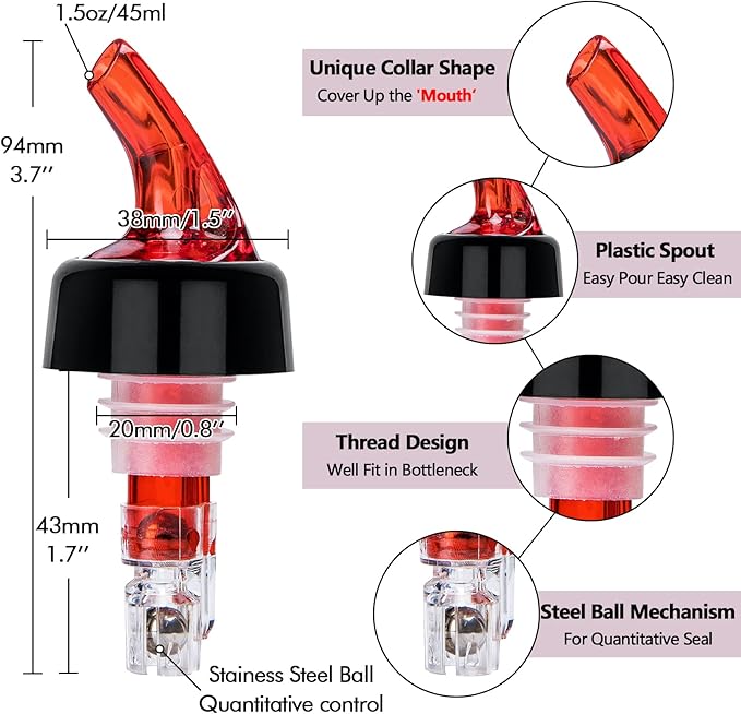 LINALL Automatic Measured Bottle Pourer - Pack of 12, 1 oz (30 mL) Quick Shot Spirit Measure Pourer Drinks Wine Cocktail Dispenser Home Bar Tools (Red 12pcs)