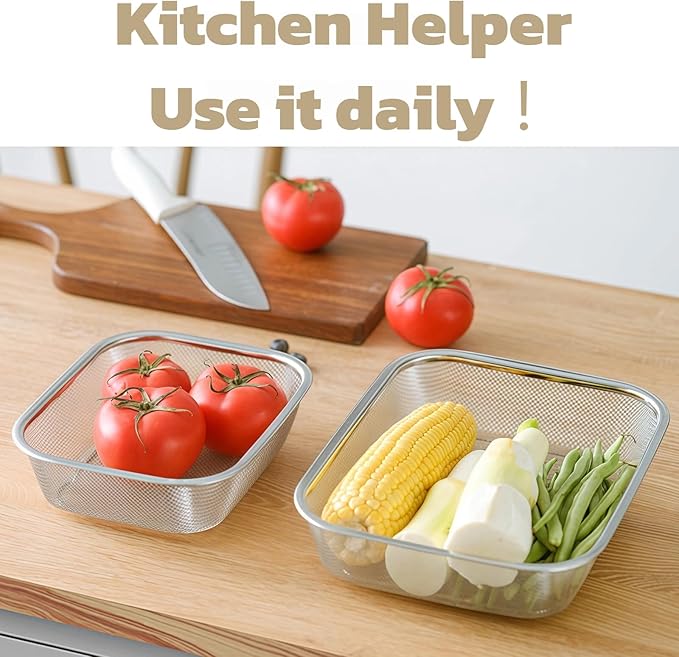 18/8 Stainless Steel Fine Mesh Strainer Basket with Feet, Rectangular Colander for Vegetables, Fruits, Pasta, Noodles – Rustproof, Durable & Easy to Clean (12.2 inch)