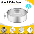 P&P CHEF 6 Inch Cake Pan Set of 2, Stainless Steel Round Baking Layer Cake Pans, Non Toxic & Healthy, Leak-proof & Easy Clean, Mirror Finish & Easy Releasing, Oven & Dishwasher Safe