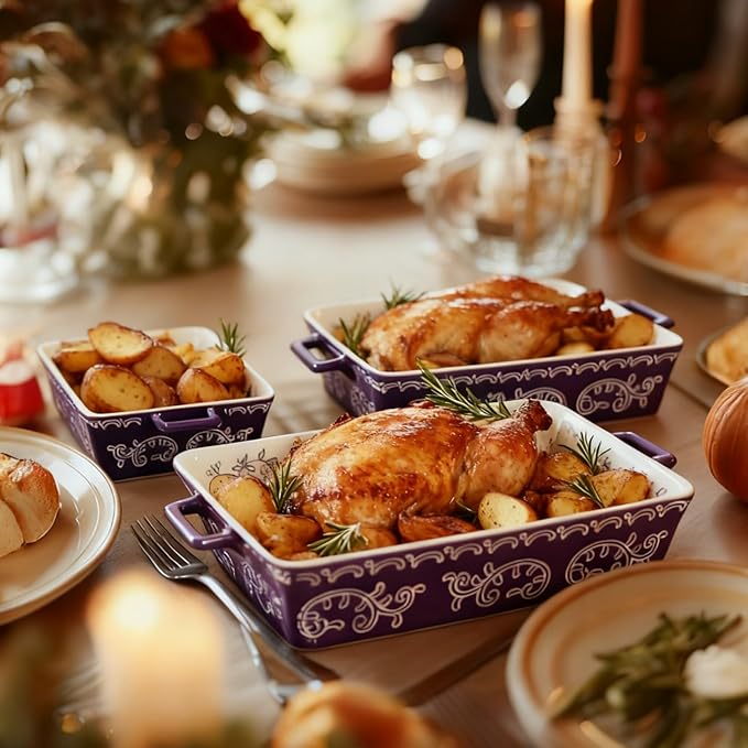 Domini Casserole Dishes for Oven, Ceramic Baking Dishes for Oven Set of 3, Lasagna Pan Deep, Baking Pan Set Square Casserole Dish Set with Handles for Baking, Pattern Purple(14.6+11.4+8.5inch)Christmas