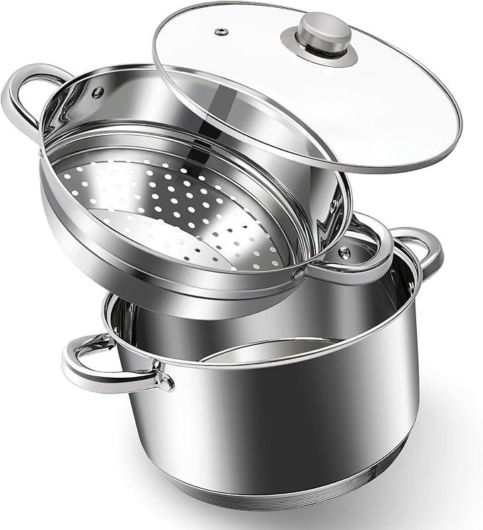 AuFranc® 6 Quart 18/10 Stainless Steel Tri-ply Stockpot and Steamer with Tempered Glass Lid, Multipurpose Steamer Pot Compatible with All Cooktops, Non-Toxic Soup Pot, Oven & Dishwasher Safe (Silver)