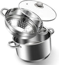 AuFranc® 6 Quart 18/10 Stainless Steel Tri-ply Stockpot and Steamer with Tempered Glass Lid, Multipurpose Steamer Pot Compatible with All Cooktops, Non-Toxic Soup Pot, Oven & Dishwasher Safe (Silver)