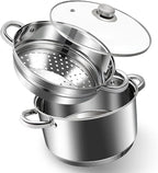 AuFranc® 6 Quart 18/10 Stainless Steel Tri-ply Stockpot and Steamer with Tempered Glass Lid, Multipurpose Steamer Pot Compatible with All Cooktops, Non-Toxic Soup Pot, Oven & Dishwasher Safe (Silver)