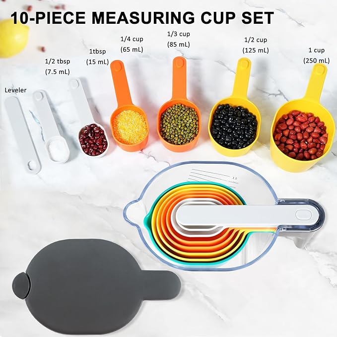 Measuring Cups and Spoons set 19 Pieces, Includes 10 Stackable Measuring Cup with Lid and 9 Magnetic Measuring Spoons, Tablespoon for Liquid and Dry, BPA Free, Dishwasher Safe (Rainbow)