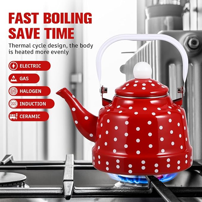1.8 Quart Red Vintage Enamel Tea Kettle - Stovetop Safe Cute Retro Water Kettle, Enamel on Steel No Whistling Hot Water Pot for Home Kitchen Decor, Coffee & Tea Making