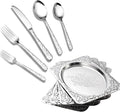 Elegant Dining Hosting Bundle: 4-Pack Vintage Floral Silver Serving Trays (11.4" x 7") & 20-Piece Hammered Silverware Set for 4, Premium Stainless Steel Party Platters and Lava Texture Cutlery Set