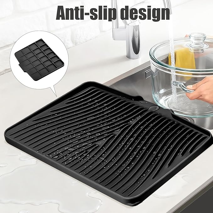 TIKNIK Silicone Dish Drying Mat, Stone Drying Mat for Kitchen Counter with Built-In Drain, Non-Slip Drain Pad with Built-in Drain, Heat Resistant Stone Drying Mat, Hangable, Black-1pc, 20" x 15"