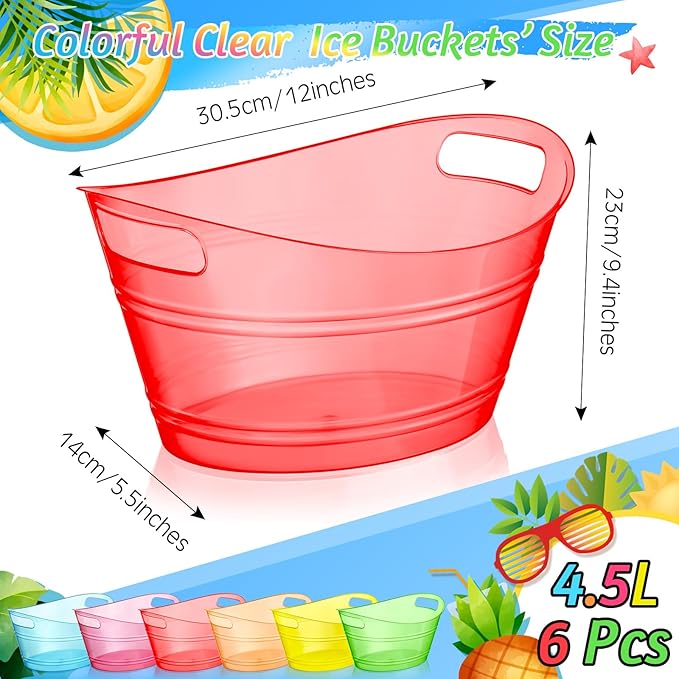 meekoo 6 Pcs Plastic Ice Buckets Bulk with Handles 4.5L Oval Storage Tub Large Capacity Ice Drink Bucket for Easter Summer Party Bar Wine Beer Champagne Beverage Bottle Cooler(4.5 L,Multicolor)