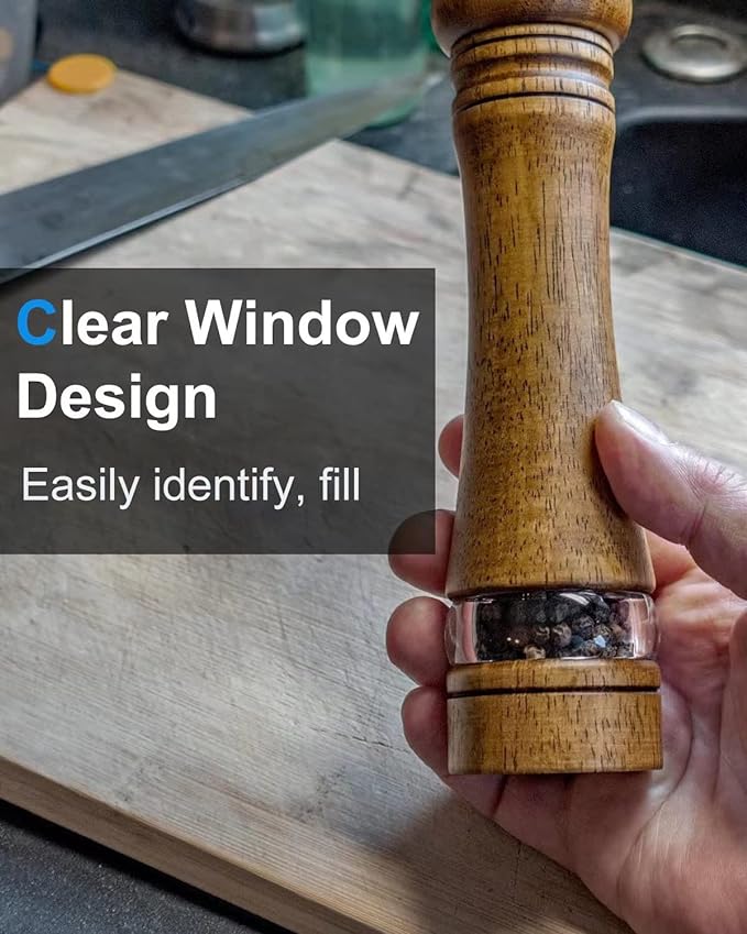 Pepper Grinder Salt Grinder Wooden Pepper Mill Grinder w/Adjustable Coarse, 8 inch Tall Wood Refillable Manual Pepper Grinder Mill Peppermill for Black Peppercorn, Easy Clean w/Cleaning Brush