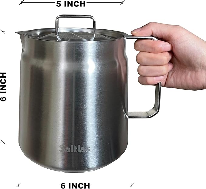 Saltlas 304 Stainless Steel Deep Fryer Pot with Basket and Oil Strainer, Double Bottom for Even Heating, Bacon Grease Container for Kitchen and Camping, Japanese Tempura Fryer, 2L (2Qt/68oz)