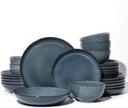 Pokini 24 Piece Double Bowl Dinnerware Sets with Pasta Bowls, Highly Chip and Crack Resistant Plates and Bowls Sets, Natural Earthyware Ceramic Dishware Sets, Service for 6 Jeans Blue