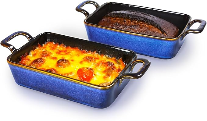 7 x 4 Au Gratin Baking Dishes for Oven Safe and Microwave Cooking and Baking, 2 piece, Heat Resistant Ceramic with Handles for Serving, Small Casserole Dish Set for 1 or 2 person servings, Blue
