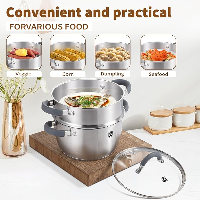 GOLDEN KEY 3.2 QT Steamer Pot With Lid - 2-Tier 18/8 Stainless Steel，Multipurpose Steaming Cookware with Vegetable Steam Basket, Oven & Dishwasher Safe, Triple Bottom for Even Heating, Perfect for Dumplings, Seafood and Vegetables