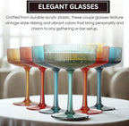 Khen Plastic Acrylic Ribbed Vintage Art Deco Martini, Champagne & Cocktail Retro Color Shatterproof Coupe Glasses | Set of 6 | 8 oz Ripple Glassware Classic Cocktail Indoor & Outdoor, European Style