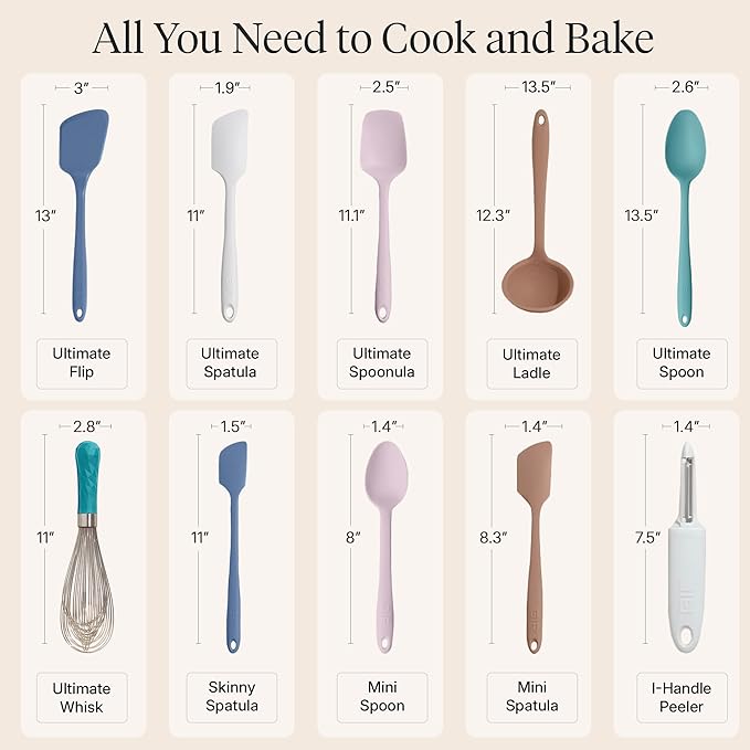 GIR: Get It Right 10-Piece Silicone Ultimate Kitchen Utensil Set – Spatulas, Ladle, Flip, Spoons, Whisk, Peeler & Spoonula – Nonstick, Non-Toxic, Heat-Resistant – Danish