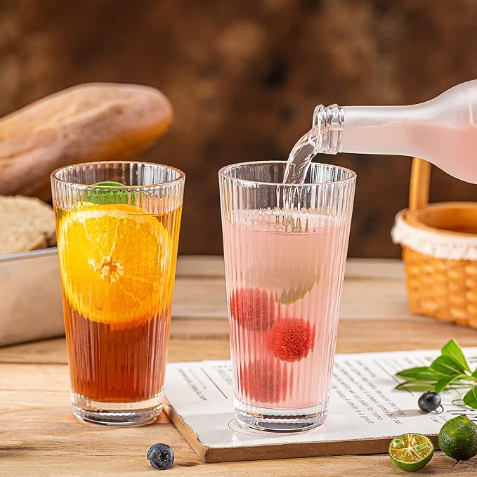 12 pcs Drinking Glasses, Origami Style Highball Glasses, 10oz Glass Cups, Elegant Ripple Vintage Glassware, Coffee Glasses, Durable Drinkware Cups for Cocktails, Water, Juice, Beer, Whiskey
