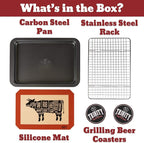 Trinity Provisions Meat Resting Pan - With Wire Rack and Silicone Baking Mat - Dishwasher and Oven Safe Stainless Steel, for Cooking and Cooling Steak, BBQ, Bacon, & More