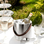 3L Large Ice Bucket with Lid, Scoop, Ice Tong, Strainer & Leather Handle Keep Ice Frozen Longer Large Wine Ice Buckets for Parties,Cocktail Bar, Chilling Beer Champagne, Dark Brown Handle 3L