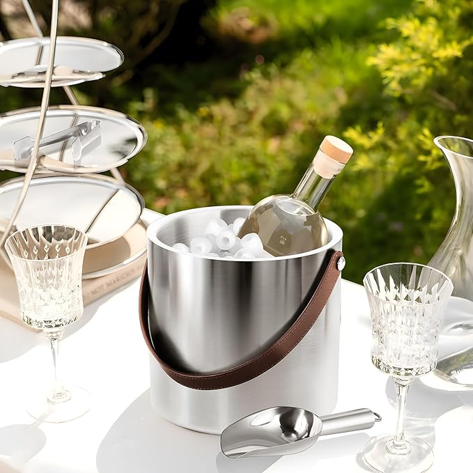 3L Large Ice Bucket with Lid, Scoop, Ice Tong, Strainer & Leather Handle Keep Ice Frozen Longer Large Wine Ice Buckets for Parties,Cocktail Bar, Chilling Beer Champagne, Dark Brown Handle 3L