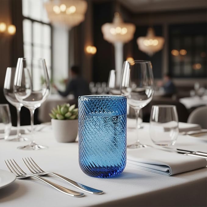 Set of 8 Ribbed Glassware,4 Highball Glasses 14oz & 4 Rocks Drinking Glasses 9oz, Origami Style, Fluted Design, for Milk, Water, Cocktail, Juice, Beer, ToothBrush Cup, Gif (Leaning Blue)