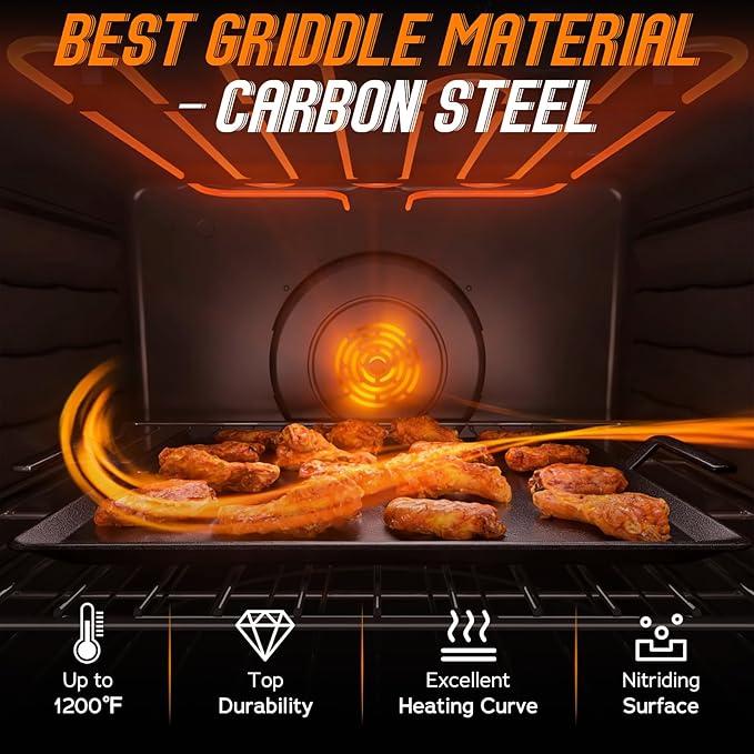 Premium Carbon Steel Griddle Comes with Grill Press, Large Non-Toxic Stovetop Flat Top Pan for Gas, Electric Range, Induction, Grill & Campfire, Pre-seasoned Nitride Coating, Oven Safe to 1200°F