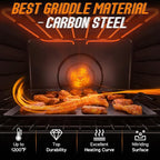 Premium Carbon Steel Griddle Comes with Grill Press, Large Non-Toxic Stovetop Flat Top Pan for Gas, Electric Range, Induction, Grill & Campfire, Pre-seasoned Nitride Coating, Oven Safe to 1200°F