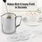Zulay Premium Gift Milk Frother Set – Handheld Coffee Frother with Stand, 12oz/350ml Frothing Pitcher + 4 Latte Art Stencils – 13,000 RPM Motor, SS Whisk, Battery Operated – Barista Kit (Black)