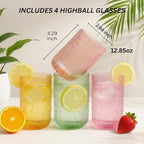 Khen Ribbed Textured Glassware | 8 Piece Set with 4 Highball 12.85oz and Lowball 9.13oz Tumblers Durable Reusable Water Juice Soda Iced Coffee Cocktail Lemonade Cups Dishwasher Safe