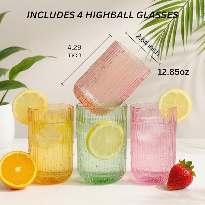 Khen Ribbed Textured Glassware | 8 Piece Set with 4 Highball 12.85oz and Lowball 9.13oz Tumblers Durable Reusable Water Juice Soda Iced Coffee Cocktail Lemonade Cups Dishwasher Safe
