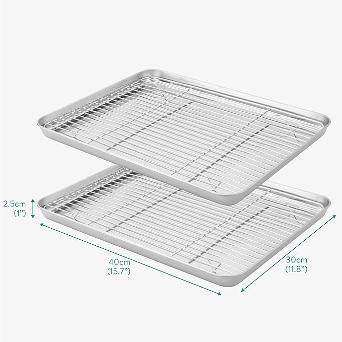 Navaris Half Sheet Baking Pan Breading Trays w Racks - Stainless Steel Baking Sheet with Wire Rack Insert for Oven Cooking - Cookie Bacon Tray - Set of 4 15.7x11.8 (40x30cm)