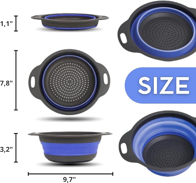 Round Silicone Blue Colander Collapsible – Foldable Kitchen Strainer Small Collapsible Colander Blue with Plastic Handles for Draining Vegetable and Fruit Round Silicone Kitchen Strainer for Pasta