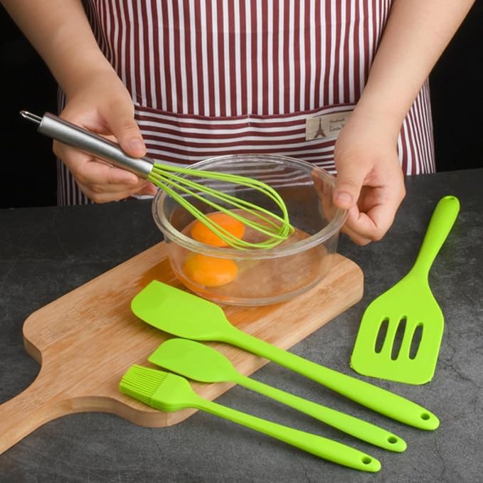5pcs Silicone Kitchen Utensil Set Green, Heat Resistant Cooking Gadgets with Whisk, Brush, Scraper for Baking and Food Preparation