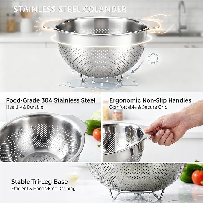 18/8 Stainless Steel Strainer and Colander for Kitchen, Large Strainers and Colanders, Food Strainers Fine Mesh with Handle for Spaghetti, Pasta, Rice, Fruit, Vegetables, Noodles (5QT)