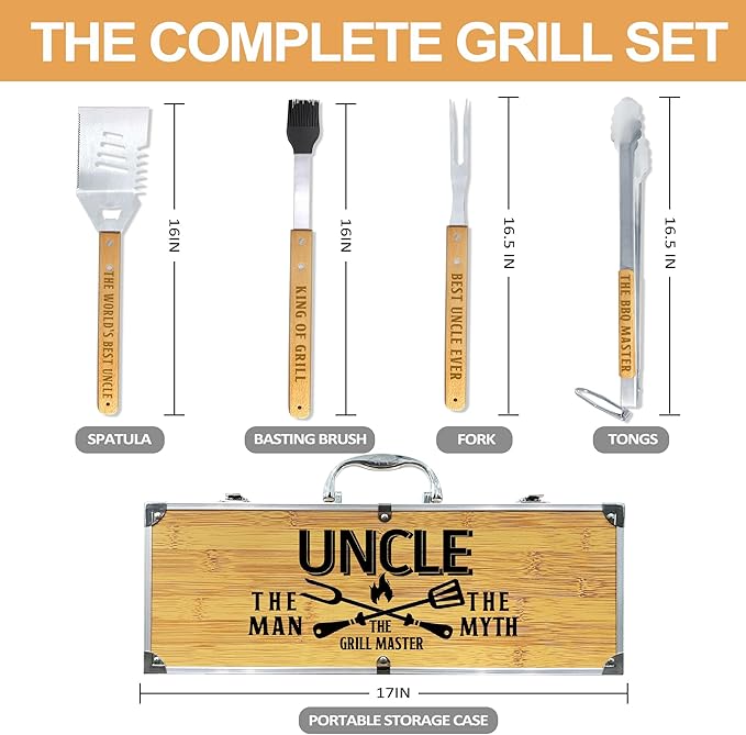 Uncle Gifts, Christmas Uncle Gift from Niece Heavy Duty Wooden BBQ Grilling Accessories Kit for Backyard, Thick Stainless Steel Grill Utensils with Non-Slip Handle Tools in Portable Bag Father's Day