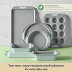 Pyrex (8-Piece) Metal Bakeware Set, Lightweight Stainless Steel Baking Trays with Heatsafe Silicone Handles, Cookie & Muffin Sheets, Round/Square Baking Pans, Sage
