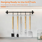 5 pcs Heavy-Duty Wooden BBQ Grilling Tools Set, Extra Thick Stainless Steel Multi-Functional Spatula, Fork, Tong, Oiling Brush & Cleaning Brush - an Excellent Barbecue Gift for Men