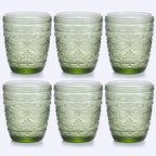 abrwyy 6Pcs Green Drinking Glassware, 10oz Drinking Glasses, Heavy Duty Glass Cups, Colored Embossed Glasses Set for Party Wedding Home Office Glassesware Gift