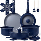 Ammeloo 18-Piece Ceramic Pots and Pans Set Non Stick, Non Toxic Cookware Set with Removable Handles, Pot Sets for Cooking, Induction Ready, Dishwasher & Oven Safe, PFAS PFOA & PTFE Free (Navy Blue)
