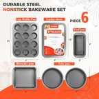 6-Piece Baking Pans Set, Non-stick Bakeware Sets Non-Toxic Baking Sheet Sets for Cooking, Include Round＆Square Cake Pan,Bread Pan,Muffin Pan, Cookie Sheet,with Baking Glove,Black