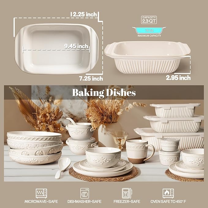 Artena Baking Dish 2.3 Quarts, Casserole Dishes For Oven, Baking Pan With Handles, Lasagna Pan Deep, Large Casserole Dish, Rectangular Ceramic Bakeware, White (Only Baking Dish)
