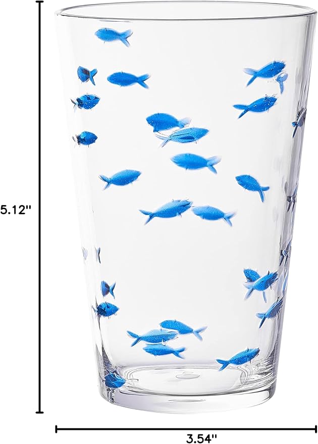 KLIFA- CHARLESTON- 19 oz, Set of 6, Acrylic Fishing Highball, School of Fish Drinking Glasses, BPA-Free, Stackable Plastic Drinkware, Dishwasher Safe Cups, Clear with Dark Blue Printing