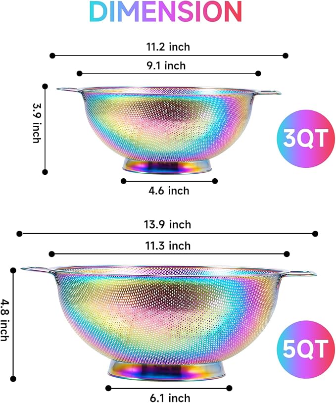 2PCS Rainbow Strainer for Kitchen, 3QT and 5QT, Stainless Steel Colander with Handle for Fruits Vegetables Cooking Food, Dishwasher Safe