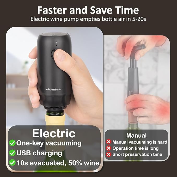 Electric Wine saver pump with 6 wine stoppers vacuum, wine preserver keep Your Wine Fresh for up to 10 Days, USB-C Rechargeable, 1 Pump 6 Stoppers Best Gifts for Wine Lovers, Black