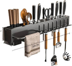 New Multi-Functional Kitchen Rack Home Wall-Mounted Knives Chopstick and Spoon Storage Rack Punch-Free cookware draining Rack, 50, Black
