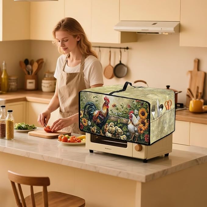 Rooster Sunflower Print Toaster Oven Dust-proof Cover Heat-Resistant Kitchen Small Appliance Air Fryer Covers Universal Washable Microwave Oven Covers (Medium-16.1 * 19.71 * 10 inches)