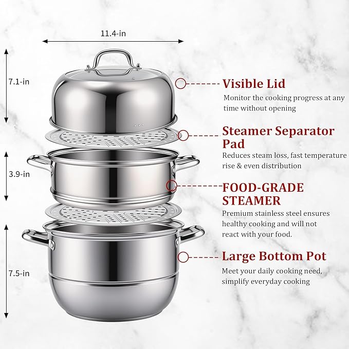 2-Tier Stainless Steel Induction Steamer Pot (30cm/11.8Inch) - Large Food Steamer for Dumplings, Buns & Dim Sum - Dishwasher Safe with Even Heat Distribution
