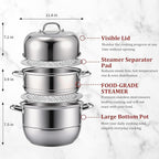 2-Tier Stainless Steel Induction Steamer Pot (30cm/11.8Inch) - Large Food Steamer for Dumplings, Buns & Dim Sum - Dishwasher Safe with Even Heat Distribution