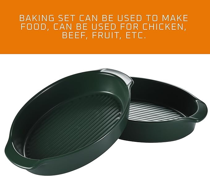 Bruntmor Oval Baking Dish Set for Oven, Durable & Versatile - Ceramic Serving Dishes - Oven Safe Au Gratin Baking Dishes Pans - Ideal for Any Occasions - Housewarming Gift - Set of 2 - Dark Green
